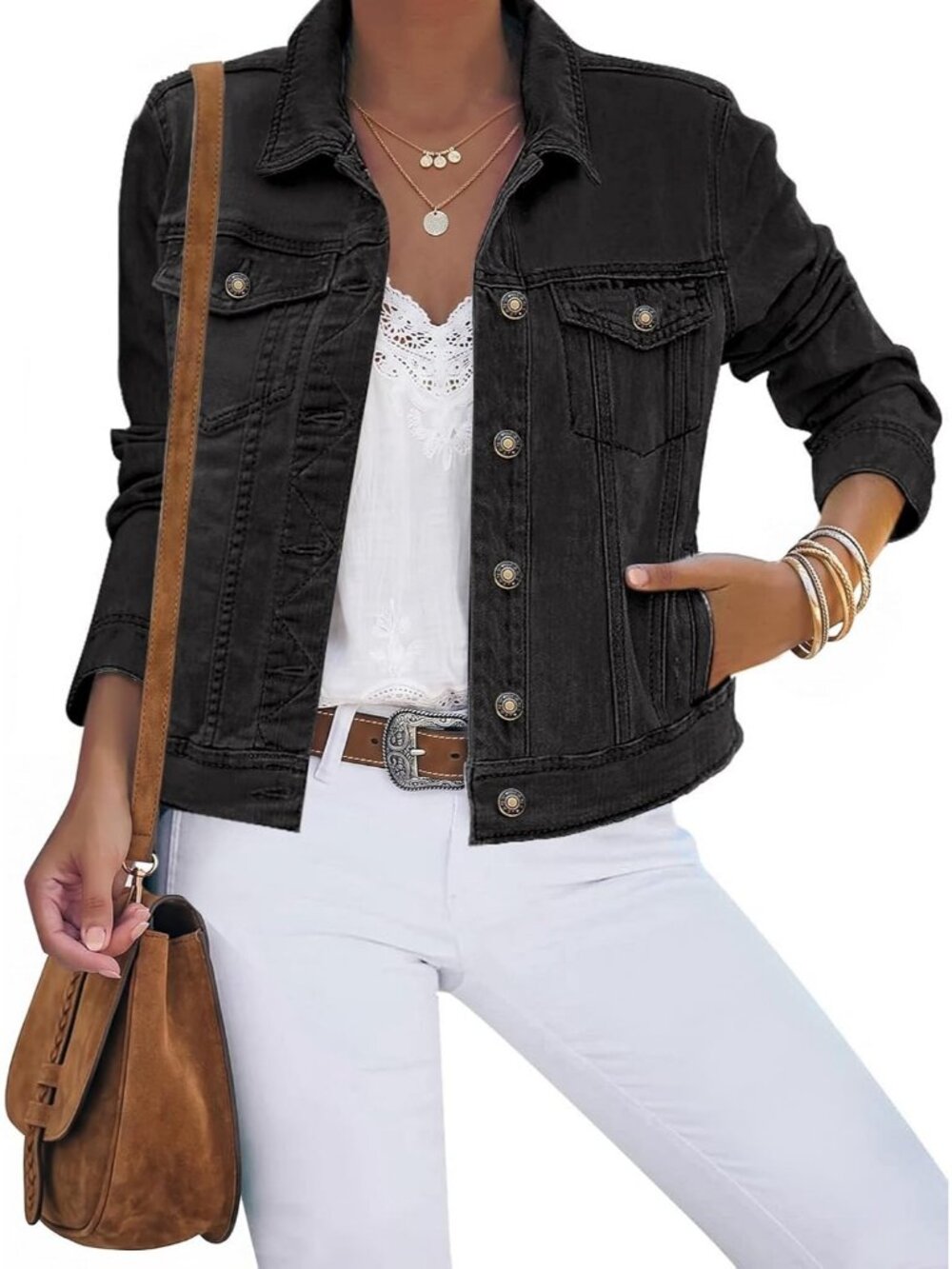 Women's Vintage Black Cotton Button Down Stretch Fitted Long Sleeve Jean Jacket